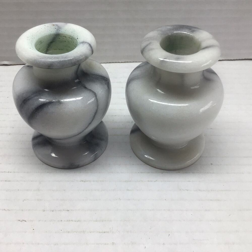 Vtg Marble Candlestick Holders Pair 3" Taper Grey White Black Swirl Stone Base